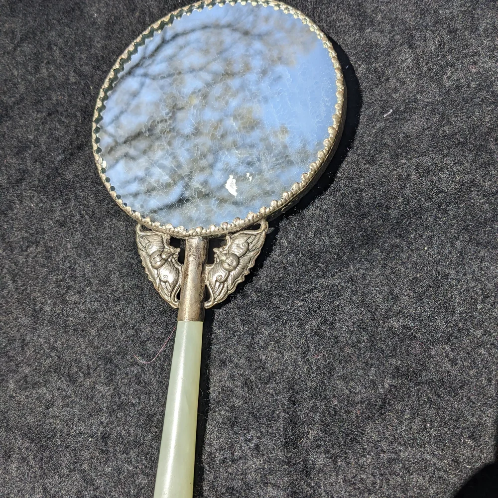 Elegant Silver Antique Hand Mirror w/ Bird, Pomegranates, Flowers, Jade Handle.